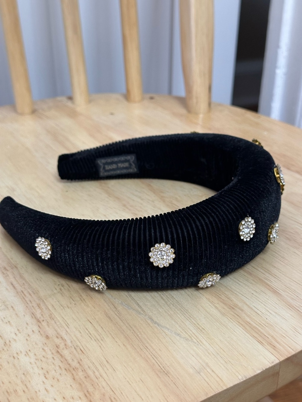 Embellished Black Velvet Padded Headband with Crystal Buttons